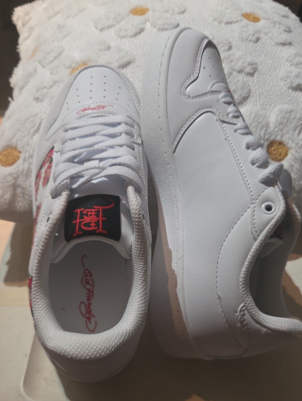 Ed Hardy White Sneakers with Red Rose and Black Logo Accents - Picture 5 of 5